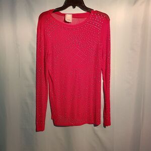 Red Long Sleeve Rhinestone Studded Top Bling Sparkle Shirt Size 2X